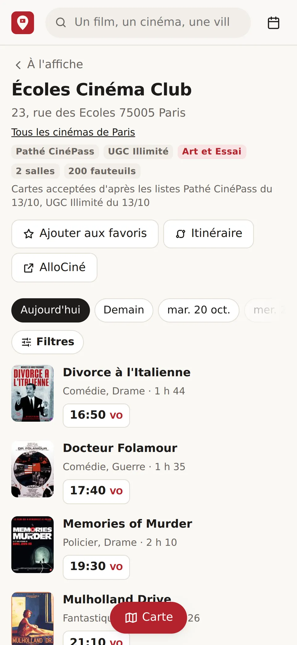 Fiche cinéma Cinemap avec cartes acceptées et séances du jour