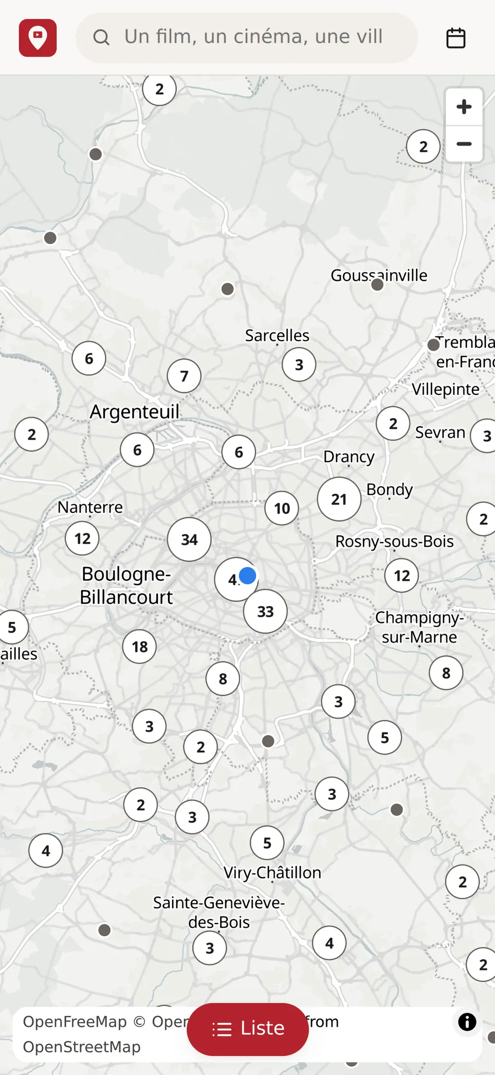 Carte des cinémas d’Île-de-France regroupés par zone